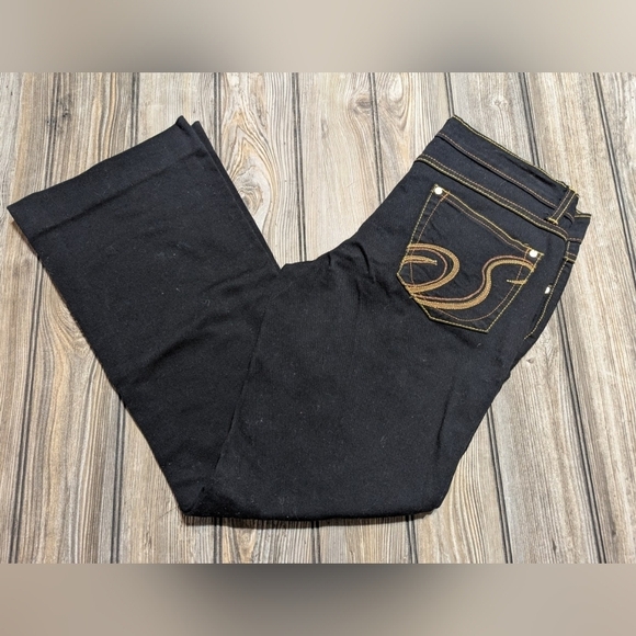 South Pole size 9 black denim with gold stitching in excellent condition, hemmed - Picture 1 of 13